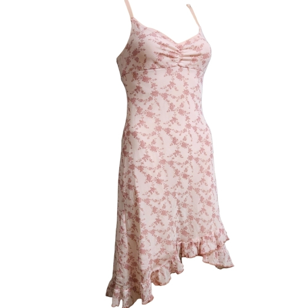 Vtg Y2K Pink Floral Slip Dress Ruched Ruffle Asymmetrical 6 Fairycore Soft Girl